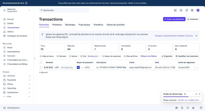 Transactions Stripe filtrées sur les paiements remboursés