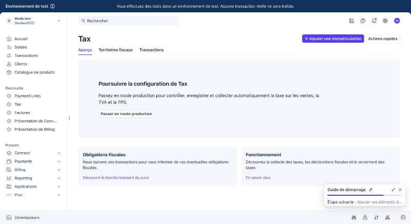 Ecran Stripe Tax en mode test avec configuration fiscale