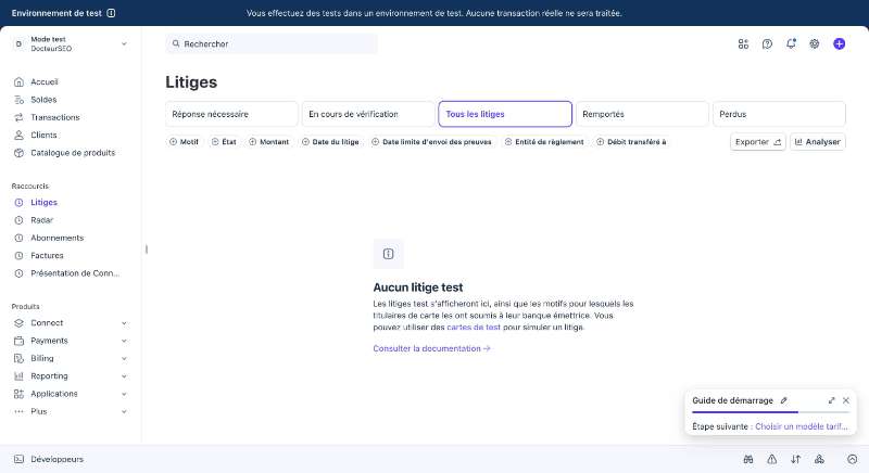Page Stripe des litiges en mode test