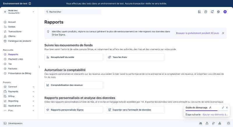 Page Rapports Stripe en mode test avec rapports de solde, frais et exports