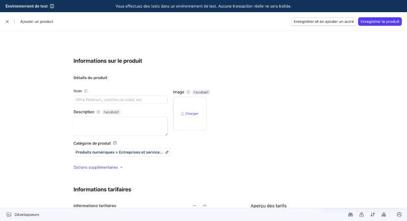 Formulaire Stripe de création d'un produit avec informations tarifaires