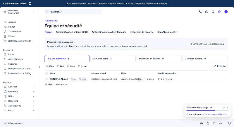 Écran Stripe équipe et sécurité avec rôles et authentification