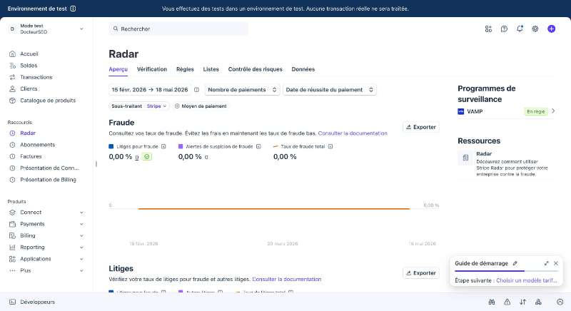 Page Stripe Radar en mode test avec indicateurs de fraude