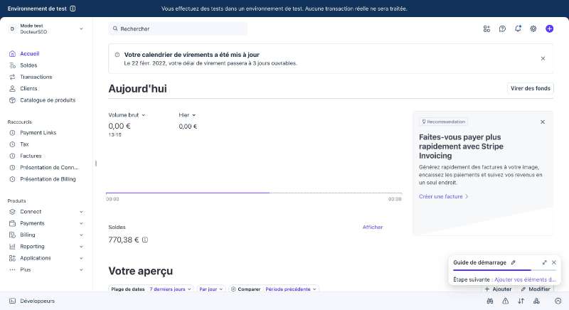 Dashboard Stripe en mode test avec navigation, volume brut, frais et solde