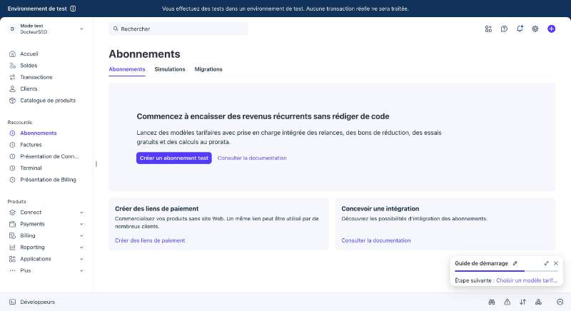 Page Stripe Abonnements en mode test
