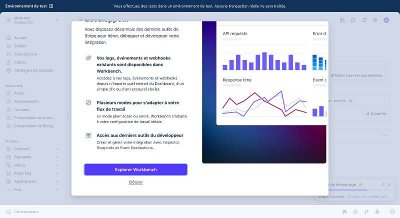 Présentation Stripe Workbench avec logs événements et webhooks