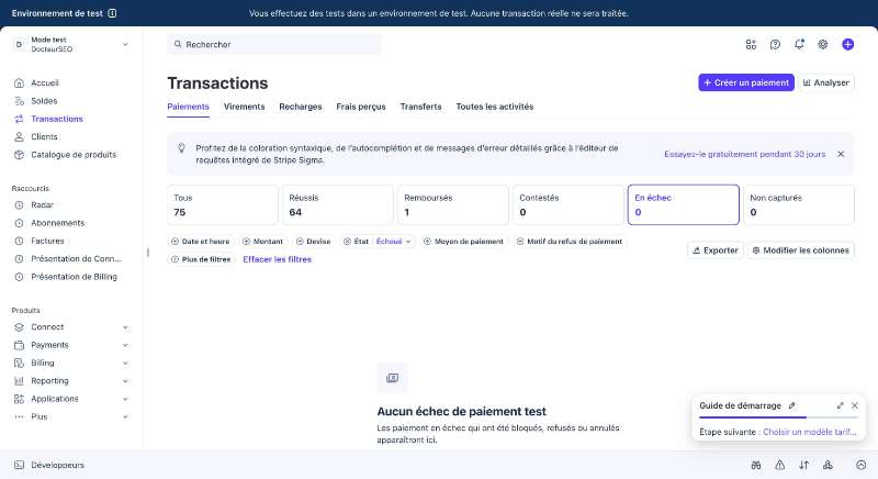 Transactions Stripe filtrées sur les paiements échoués