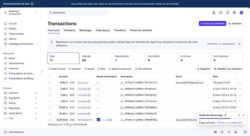 Liste des transactions Stripe permettant de vérifier un paiement réussi