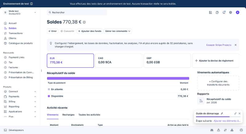 Aperçu du solde Stripe en mode test avec devises, disponible et rapports