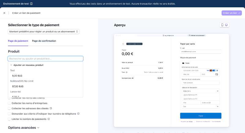 Aperçu checkout Stripe dans la création d'un lien de paiement