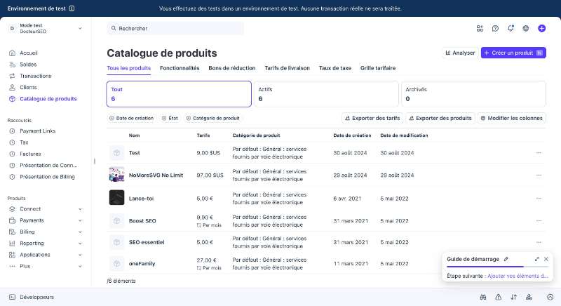 Catalogue de produits Stripe en mode test avec produits et tarifs